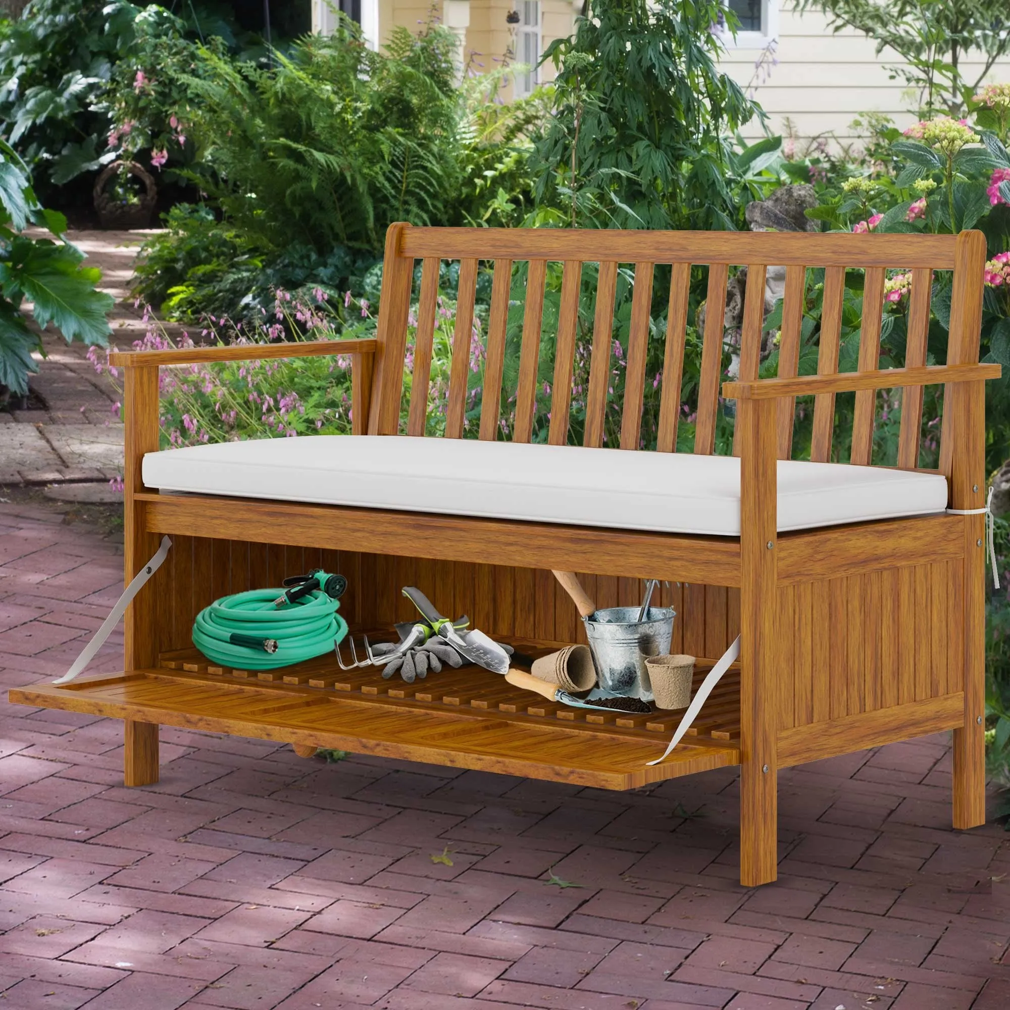 2 Seater Wood Garden Storage Bench