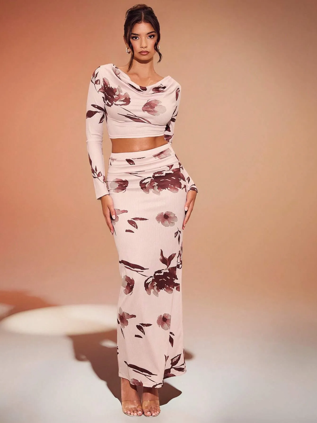 2pcs/Set Floral Print Drop Collar Crop Top & Ruched Mermaid Hem Skirt, Fall Two Piece Outfit