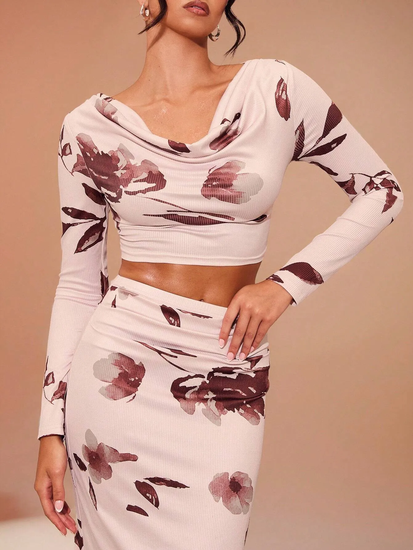 2pcs/Set Floral Print Drop Collar Crop Top & Ruched Mermaid Hem Skirt, Fall Two Piece Outfit