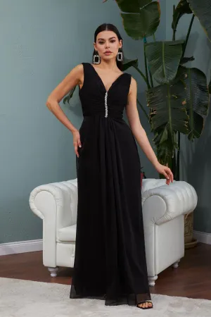 Angelino Black Chiffon Collar Stone Long Evening Dress and Invitation Dress