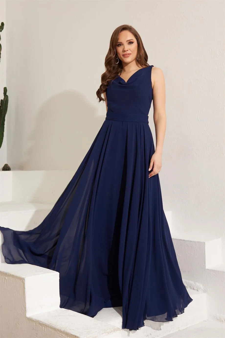 Angelino Navy blue chiffon collar long evening dress and invitation dress