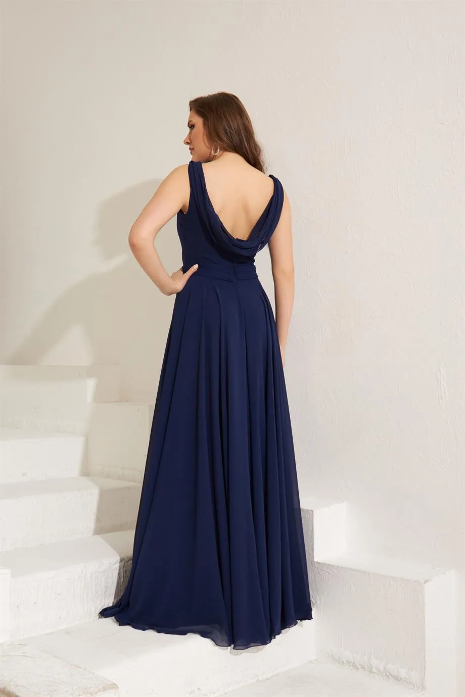 Angelino Navy blue chiffon collar long evening dress and invitation dress