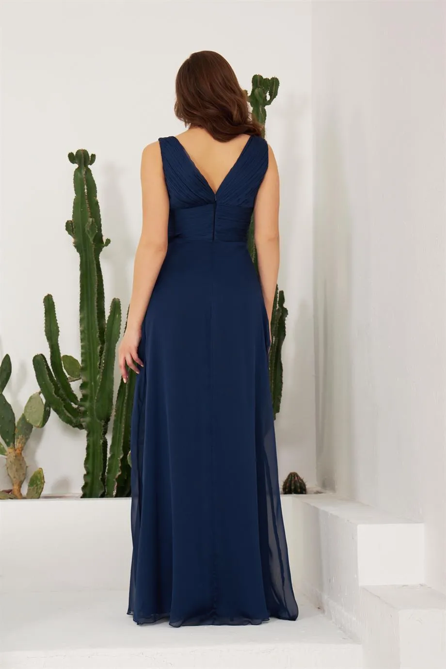 Angelino Navy blue chiffon collar stone long evening dress and invitation dress