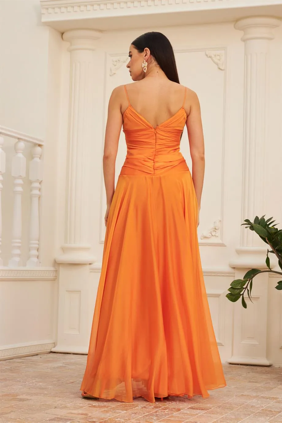 Angelino Orange Chiffon Hanger Collar Long Evening Dress and Invitation Dress