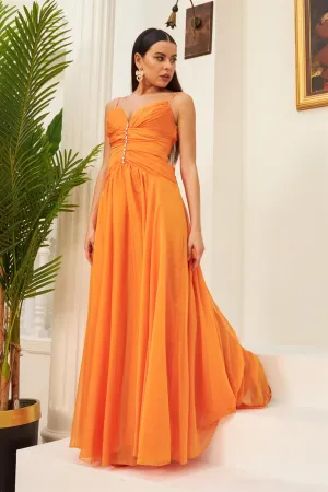 Angelino Orange Chiffon Hanger Collar Long Evening Dress and Invitation Dress