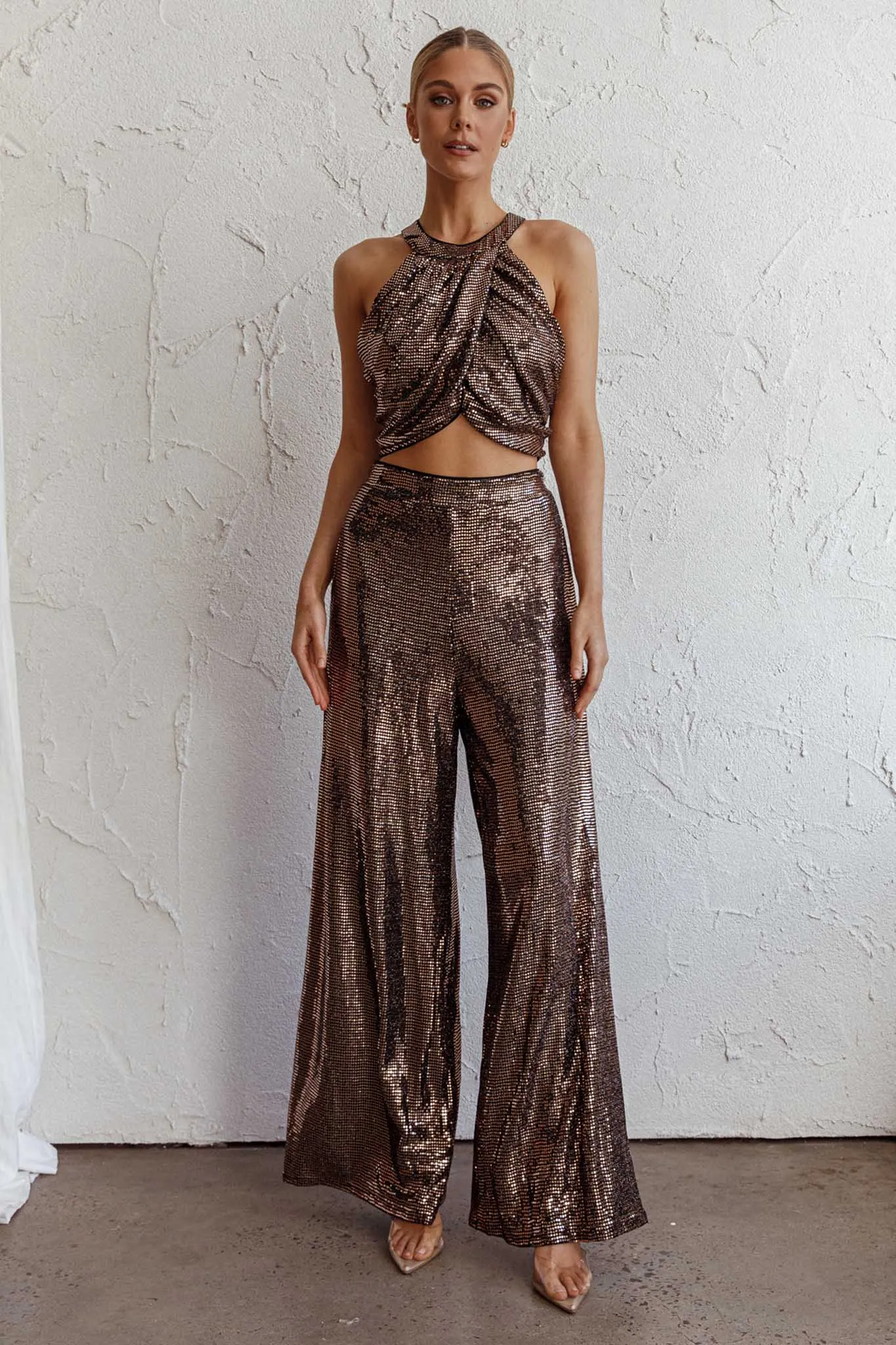 Anything Goes Wide Leg Metallic Pants Gold