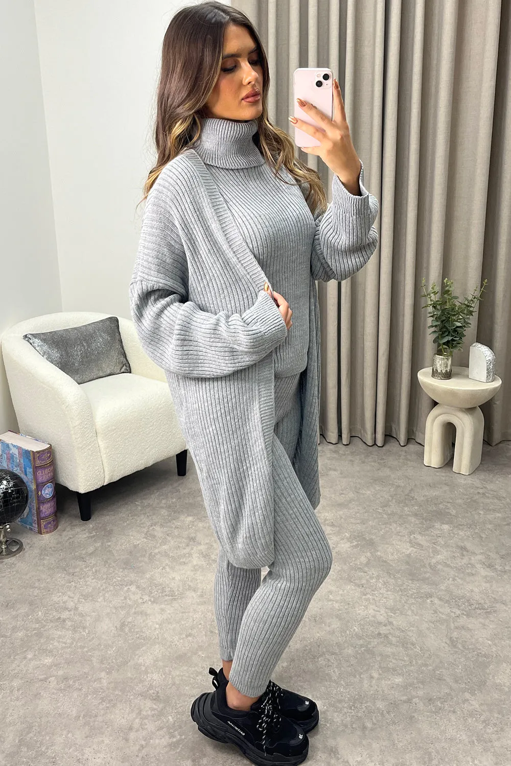 Ariannas Grey Roll Neck Knitted 3 Piece Loungewear Set