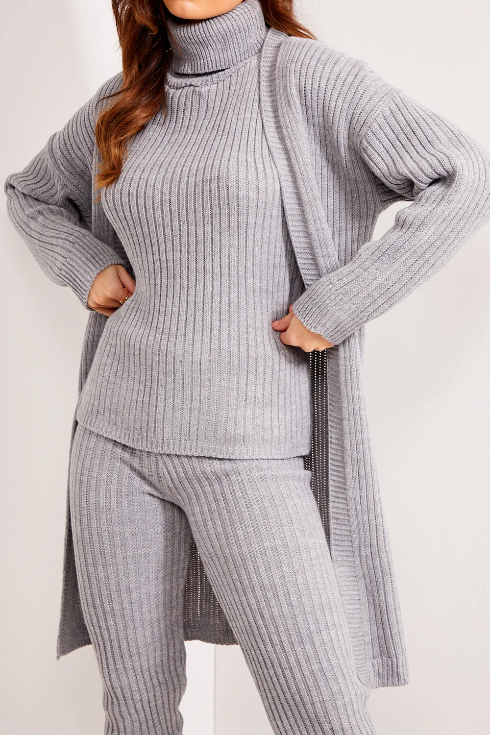 Ariannas Grey Roll Neck Knitted 3 Piece Loungewear Set