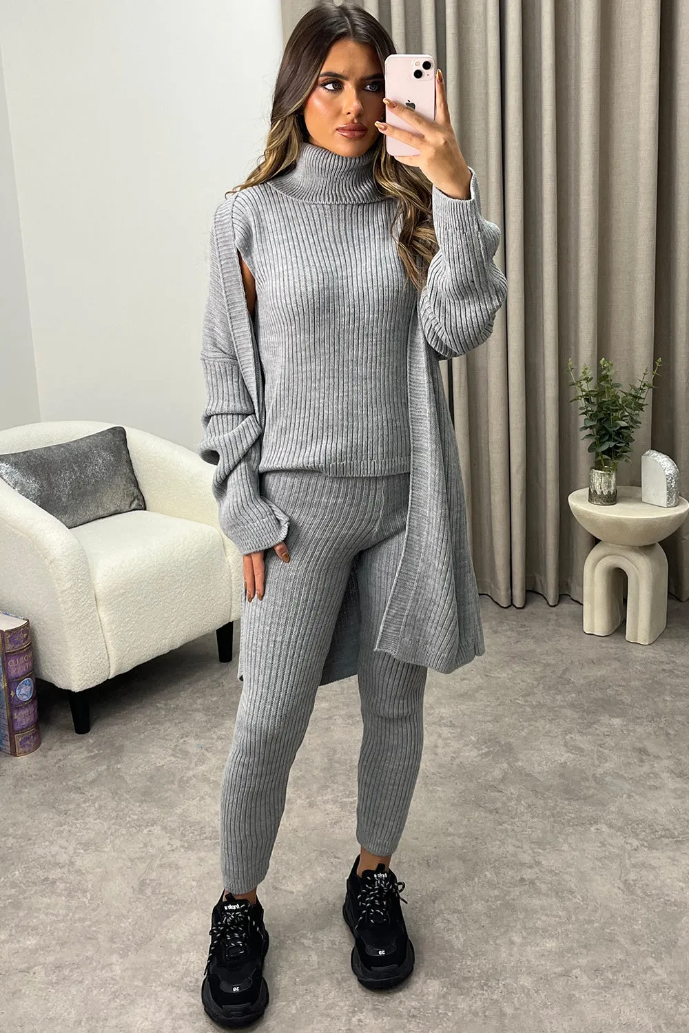 Ariannas Grey Roll Neck Knitted 3 Piece Loungewear Set