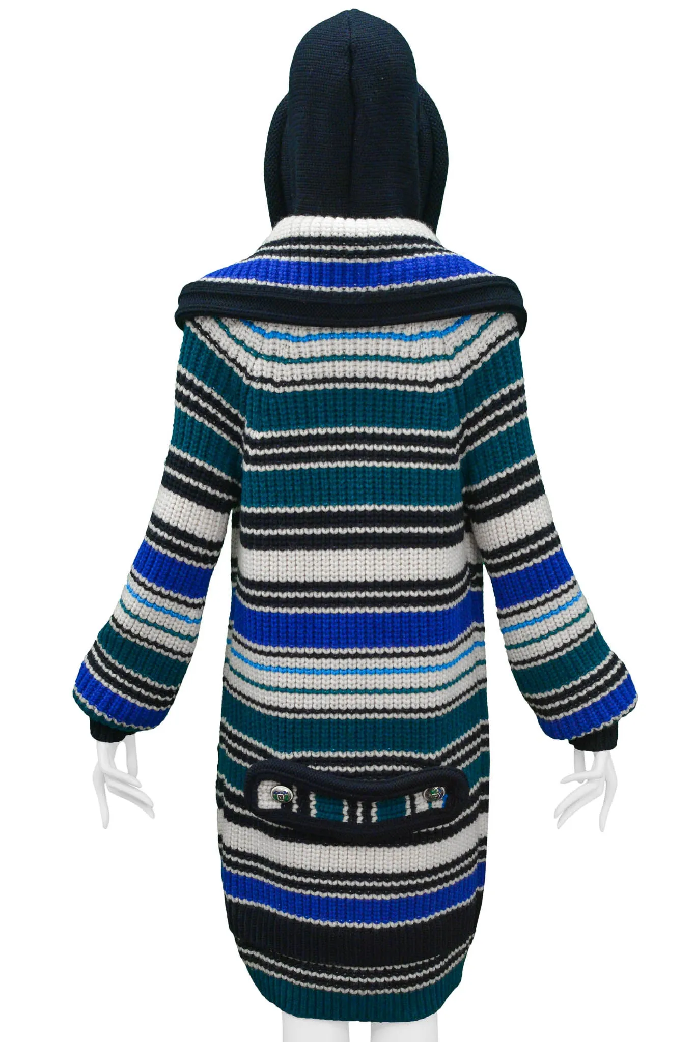 BALENCIAGA BLUE, WHITE, & GREEN STRIPED HEAVY KNIT HOODED SWEATER 2007