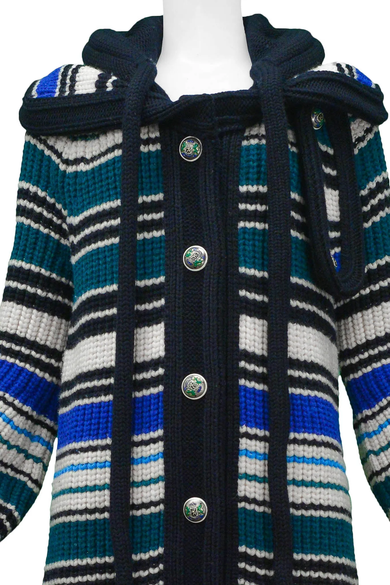 BALENCIAGA BLUE, WHITE, & GREEN STRIPED HEAVY KNIT HOODED SWEATER 2007