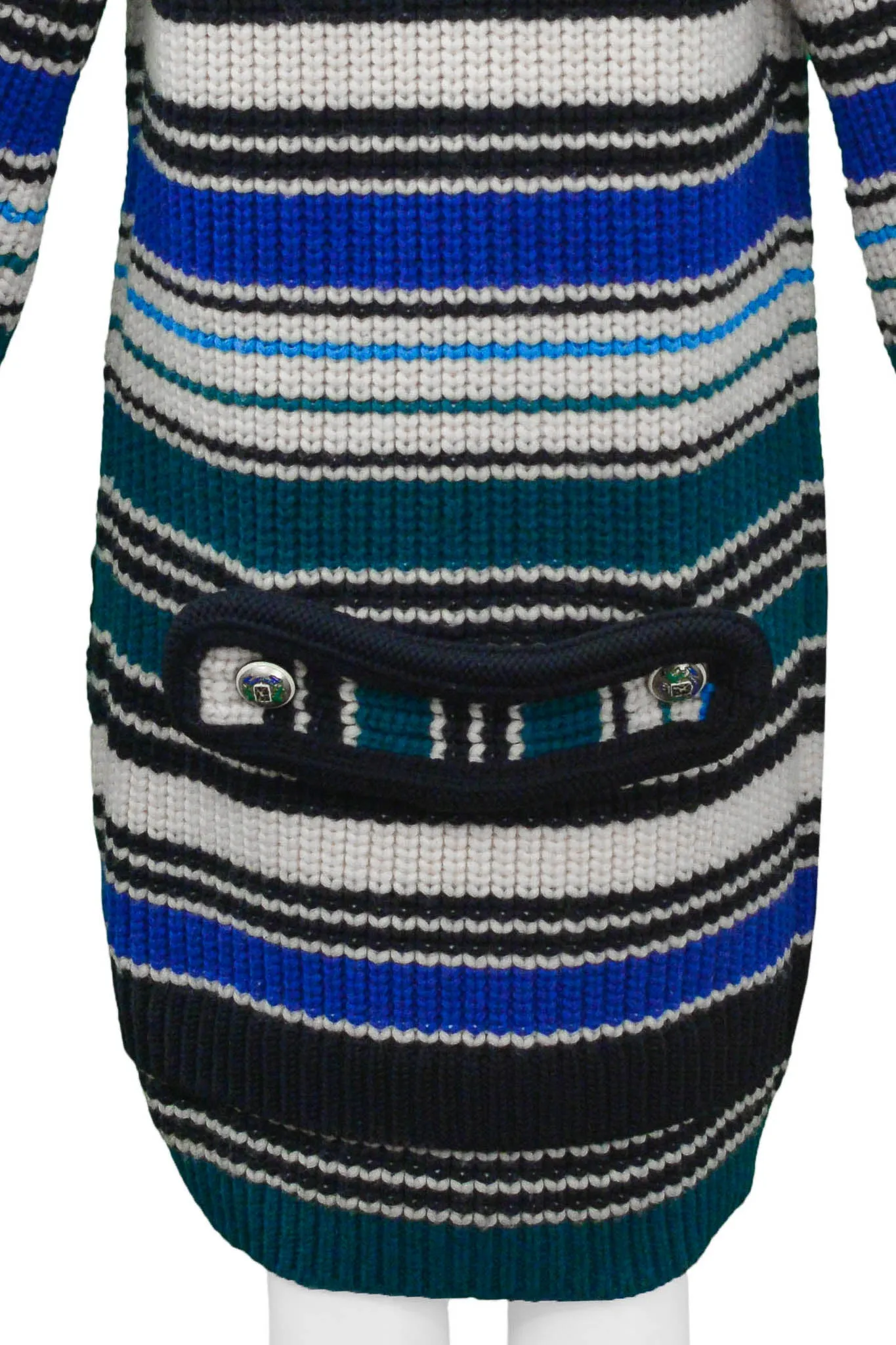 BALENCIAGA BLUE, WHITE, & GREEN STRIPED HEAVY KNIT HOODED SWEATER 2007