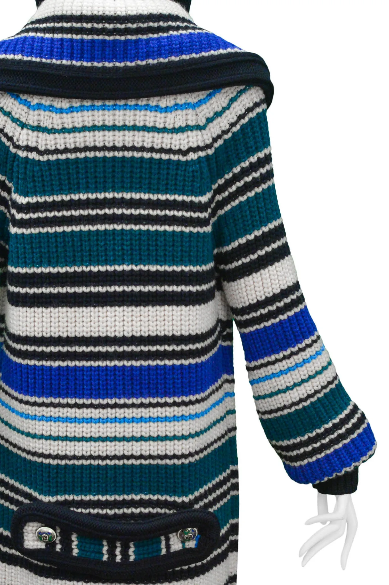 BALENCIAGA BLUE, WHITE, & GREEN STRIPED HEAVY KNIT HOODED SWEATER 2007