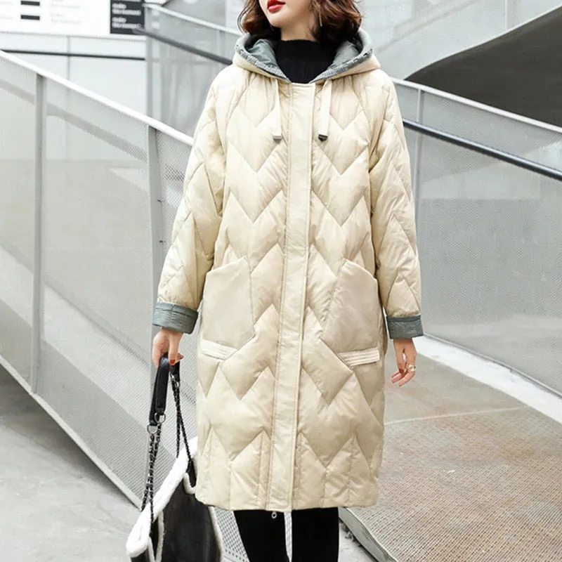 Black Friday Sales Autumn Winter Women Ultra Light Knitted Hooded White Duck Down Long Parka Casual Female Loose Warm Down Coat Outwear