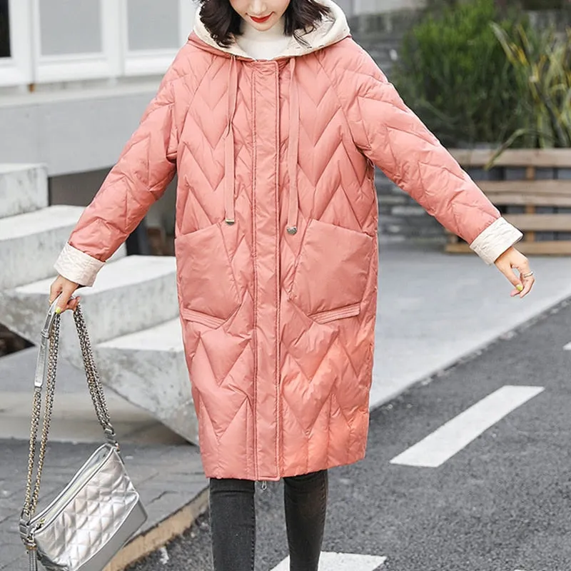 Black Friday Sales Autumn Winter Women Ultra Light Knitted Hooded White Duck Down Long Parka Casual Female Loose Warm Down Coat Outwear