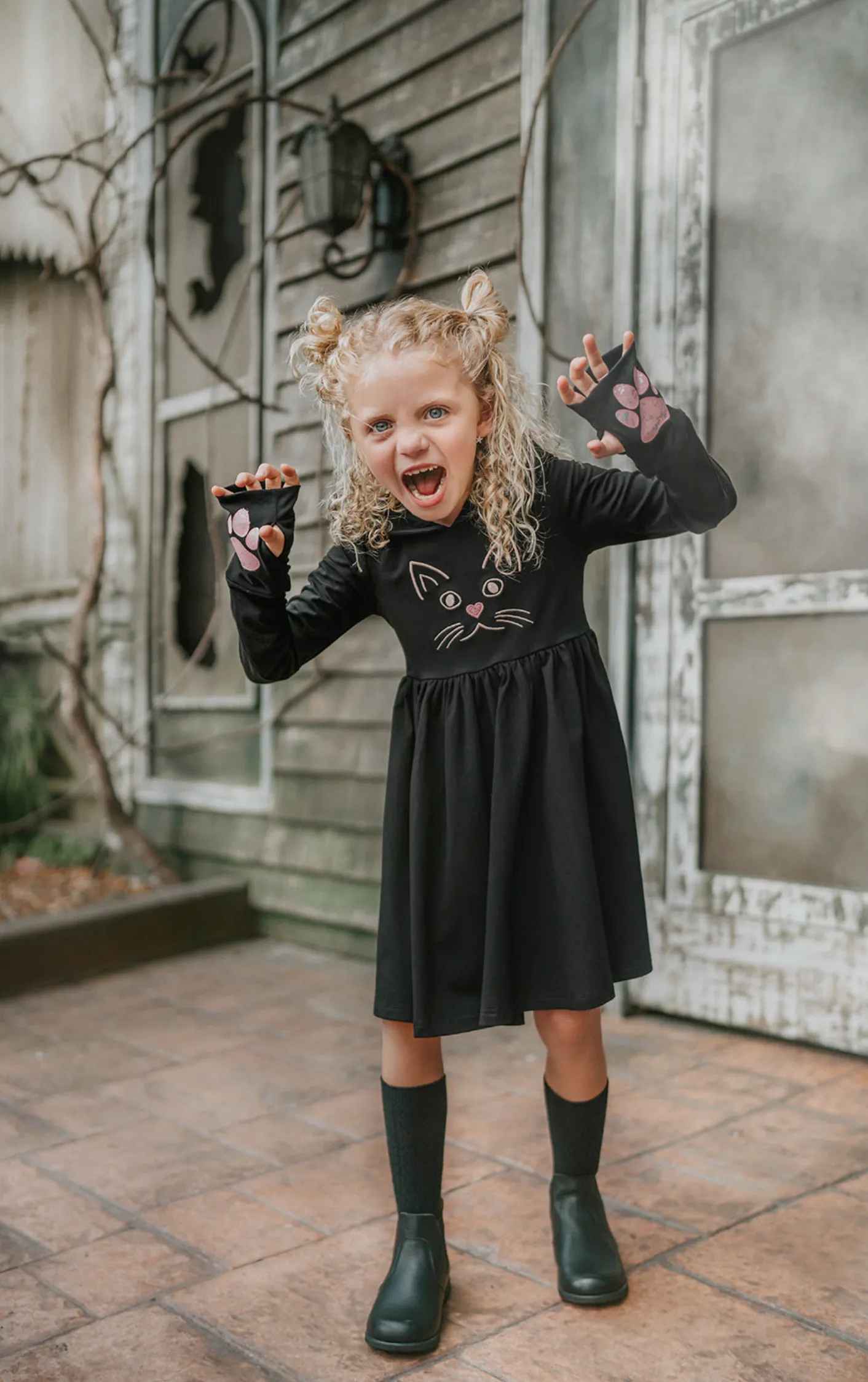 Black Kitty Twirl Dress with Paws