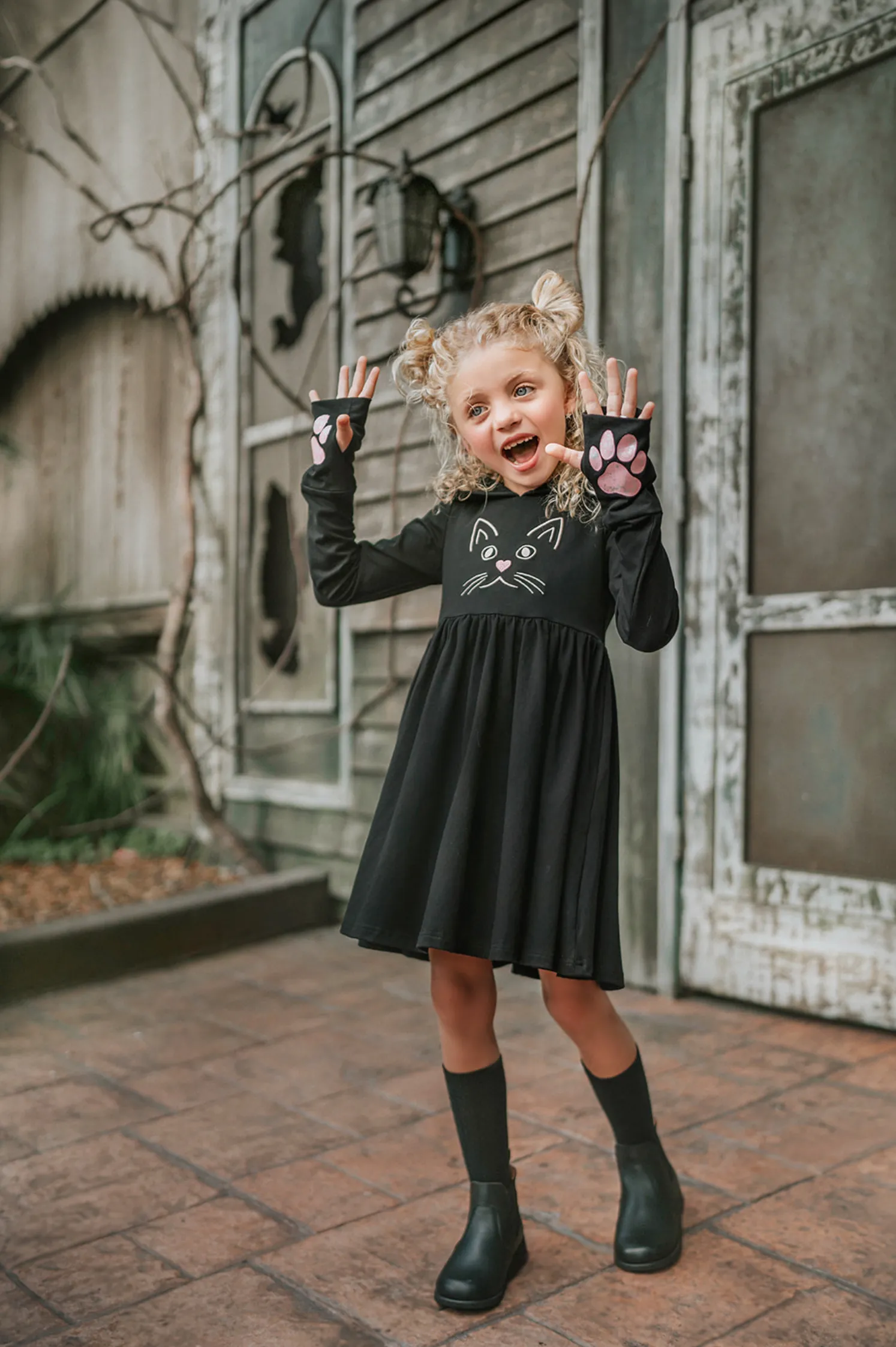 Black Kitty Twirl Dress with Paws