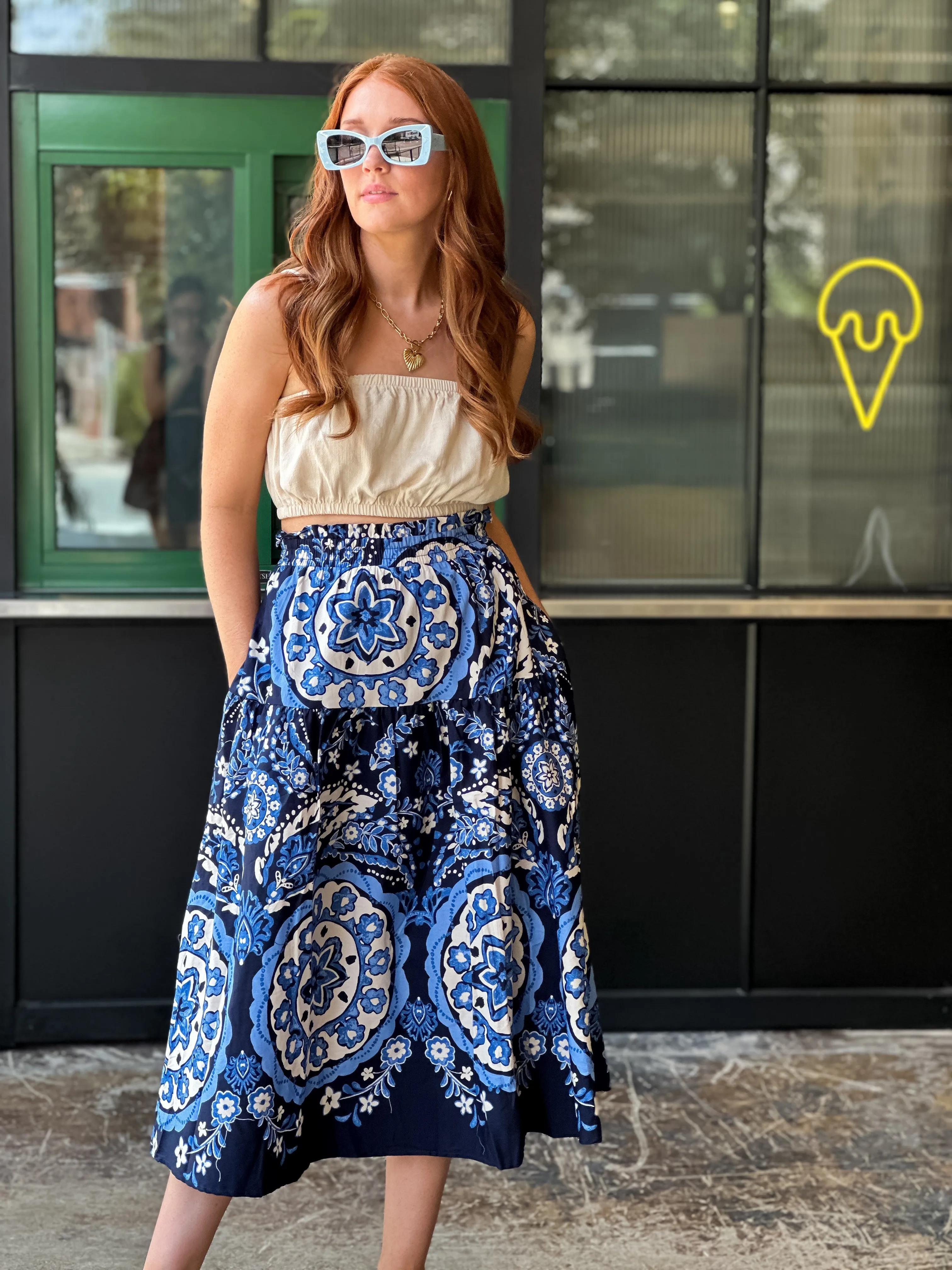 Blue Medallion Print Midi Skirt