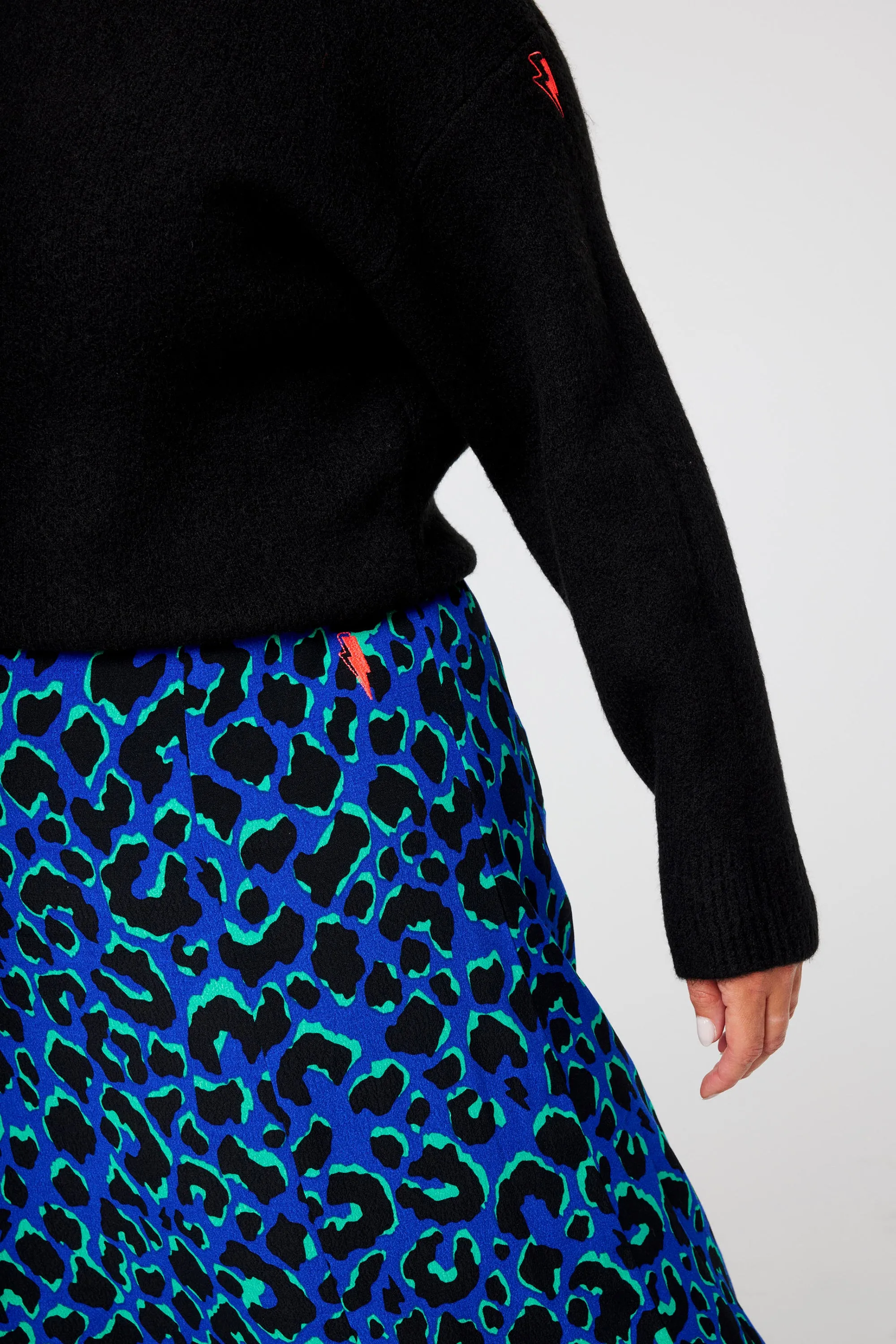 Blue with Green and Black Shadow Leopard Split Front Skirt