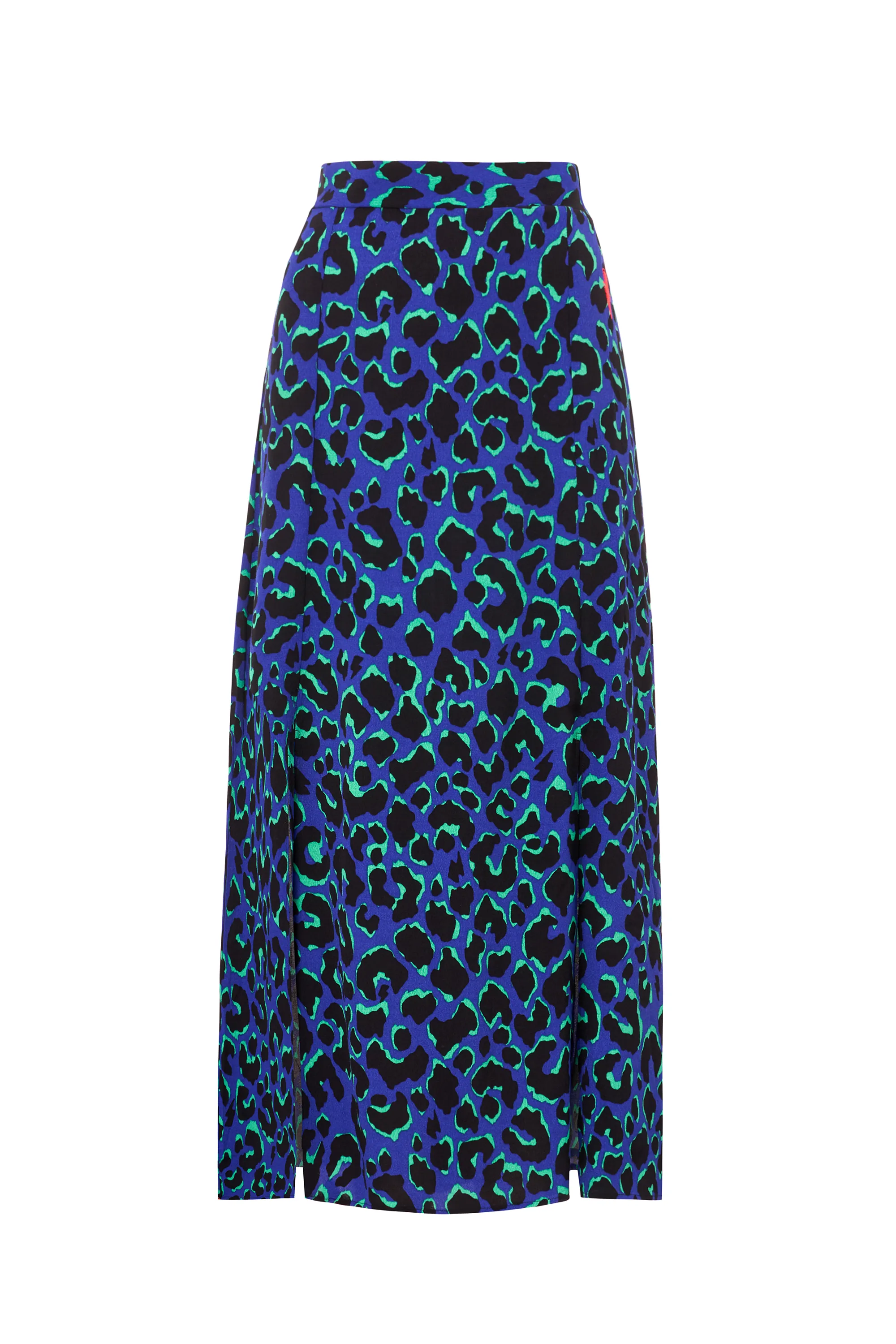 Blue with Green and Black Shadow Leopard Split Front Skirt