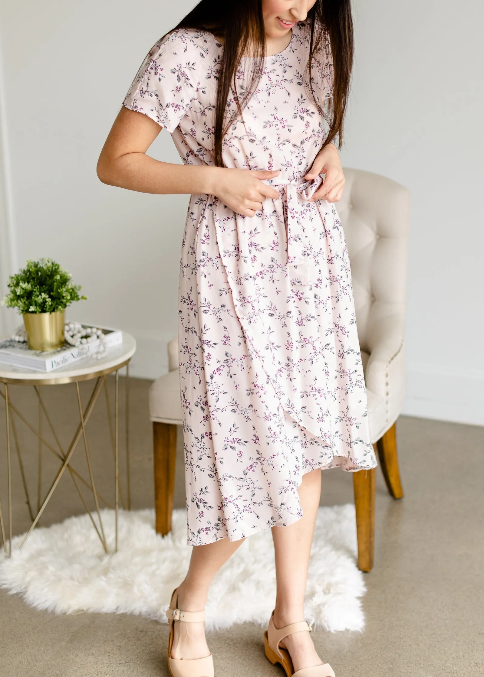 Blush Floral Faux Wrap Midi Dress - FINAL SALE