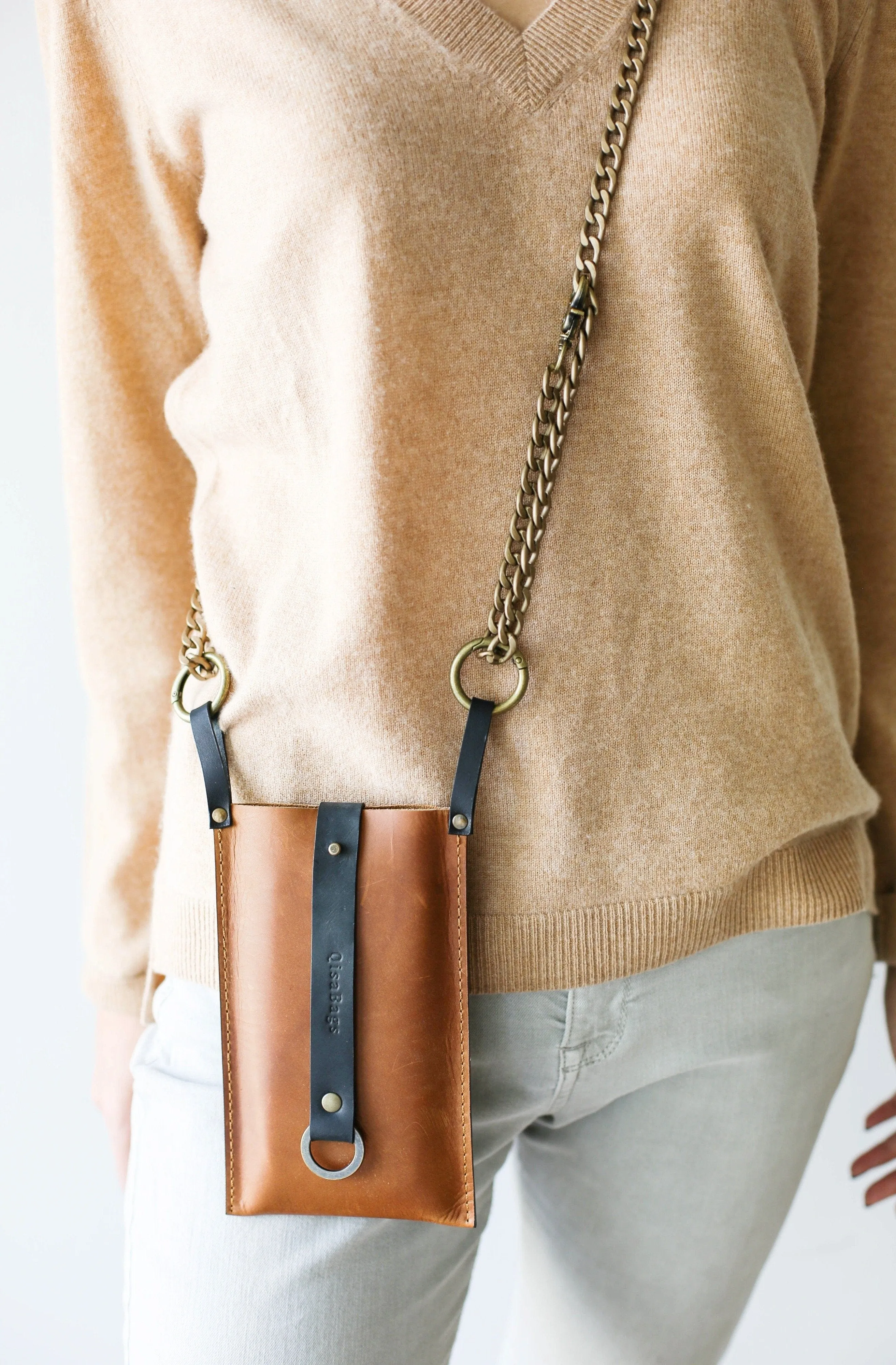 Brown with Black Leather Phone Bag