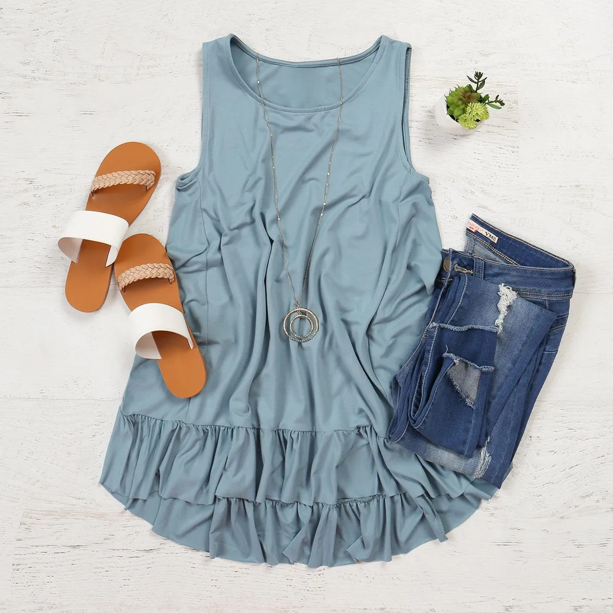 Brushed DTY Sleeveless Ruffle Hi-Low Hem Top