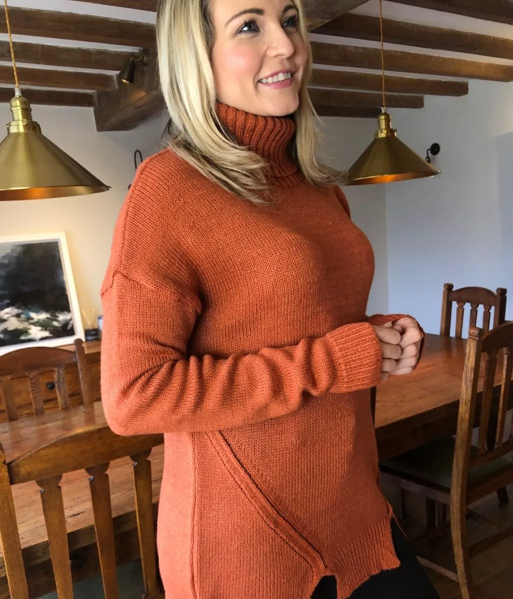 Burnt Orange Chunky Knit Roll Neck Jumper