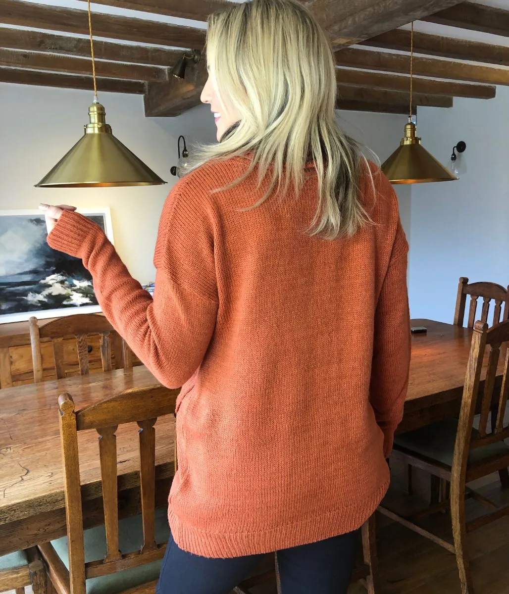 Burnt Orange Chunky Knit Roll Neck Jumper