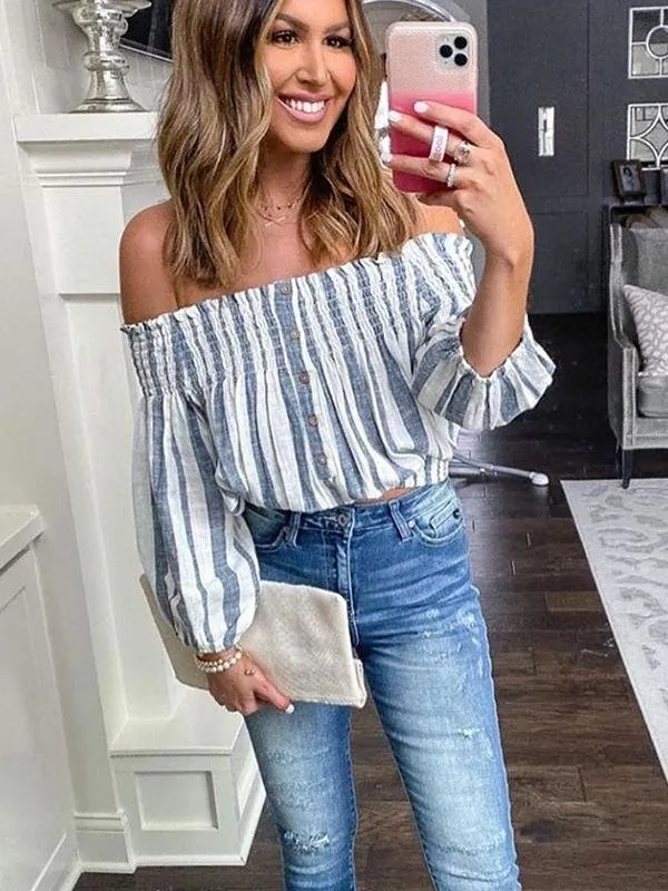 Button One Word Shoulder Lantern Sleeve Stripe Blouse