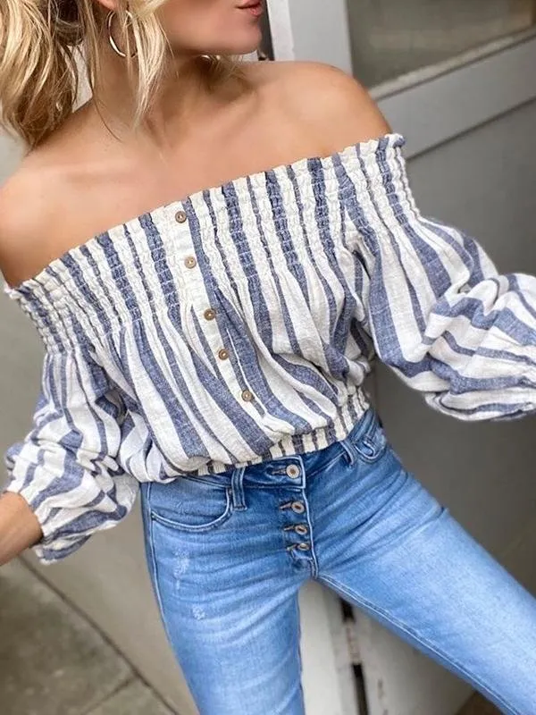 Button One Word Shoulder Lantern Sleeve Stripe Blouse