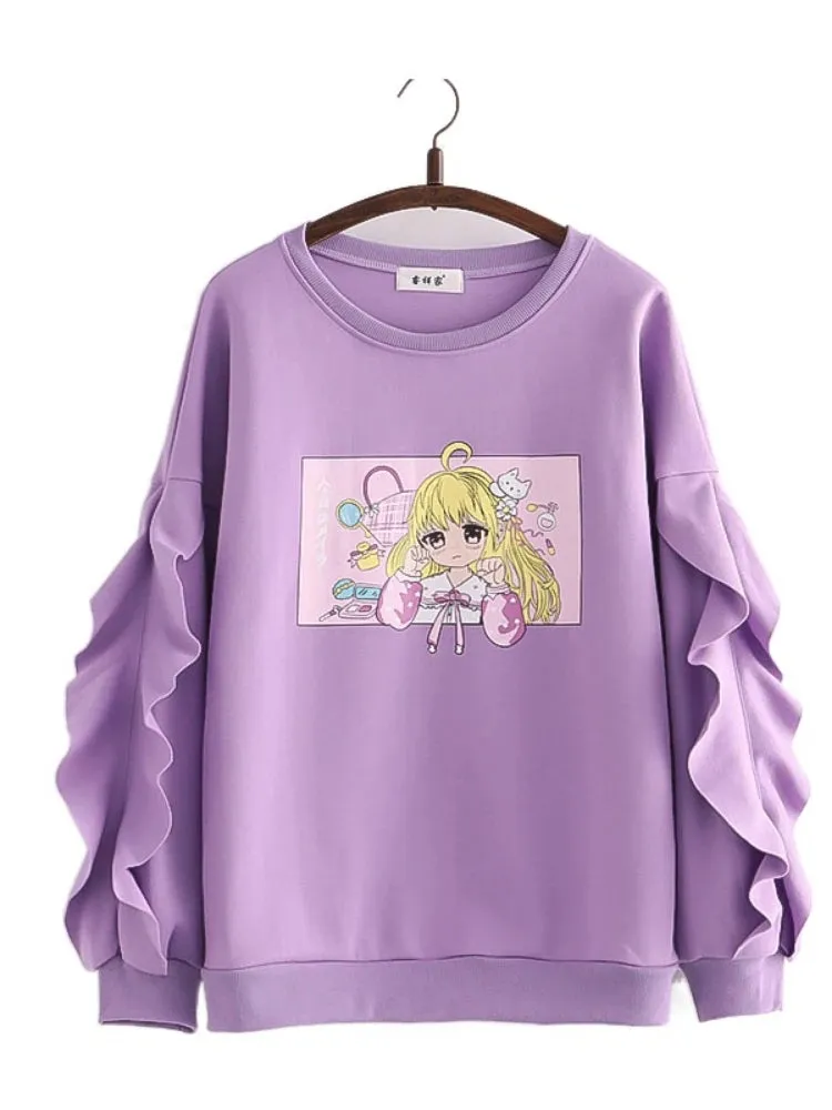 Cartoon Print Harakuju Women Sweatshirts Winter Long Sleeve Ruffes Patchwork Pullovers Sweet Style Female Kawaii Cute Tops