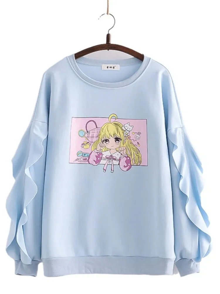 Cartoon Print Harakuju Women Sweatshirts Winter Long Sleeve Ruffes Patchwork Pullovers Sweet Style Female Kawaii Cute Tops