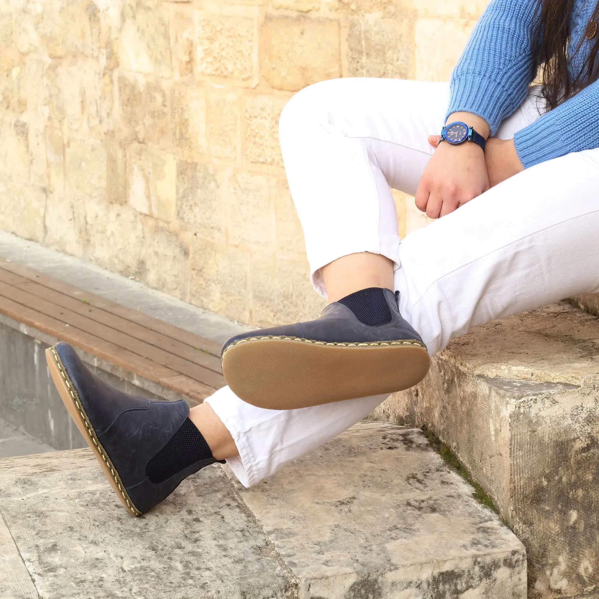 Chelsea Boots Handmade Navy Blue Barefoot Women's