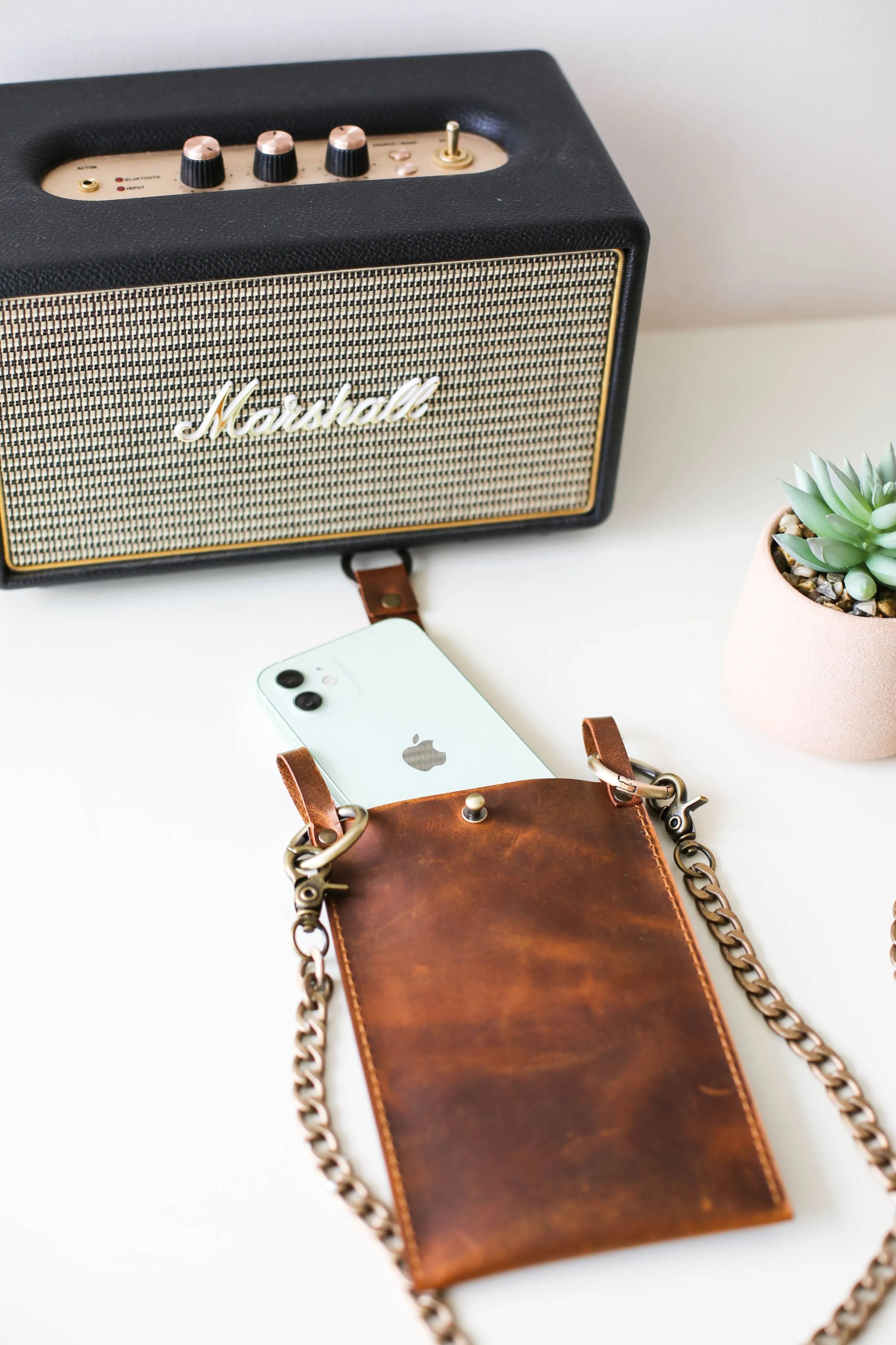 Coffee Brown Leather Phone Bag