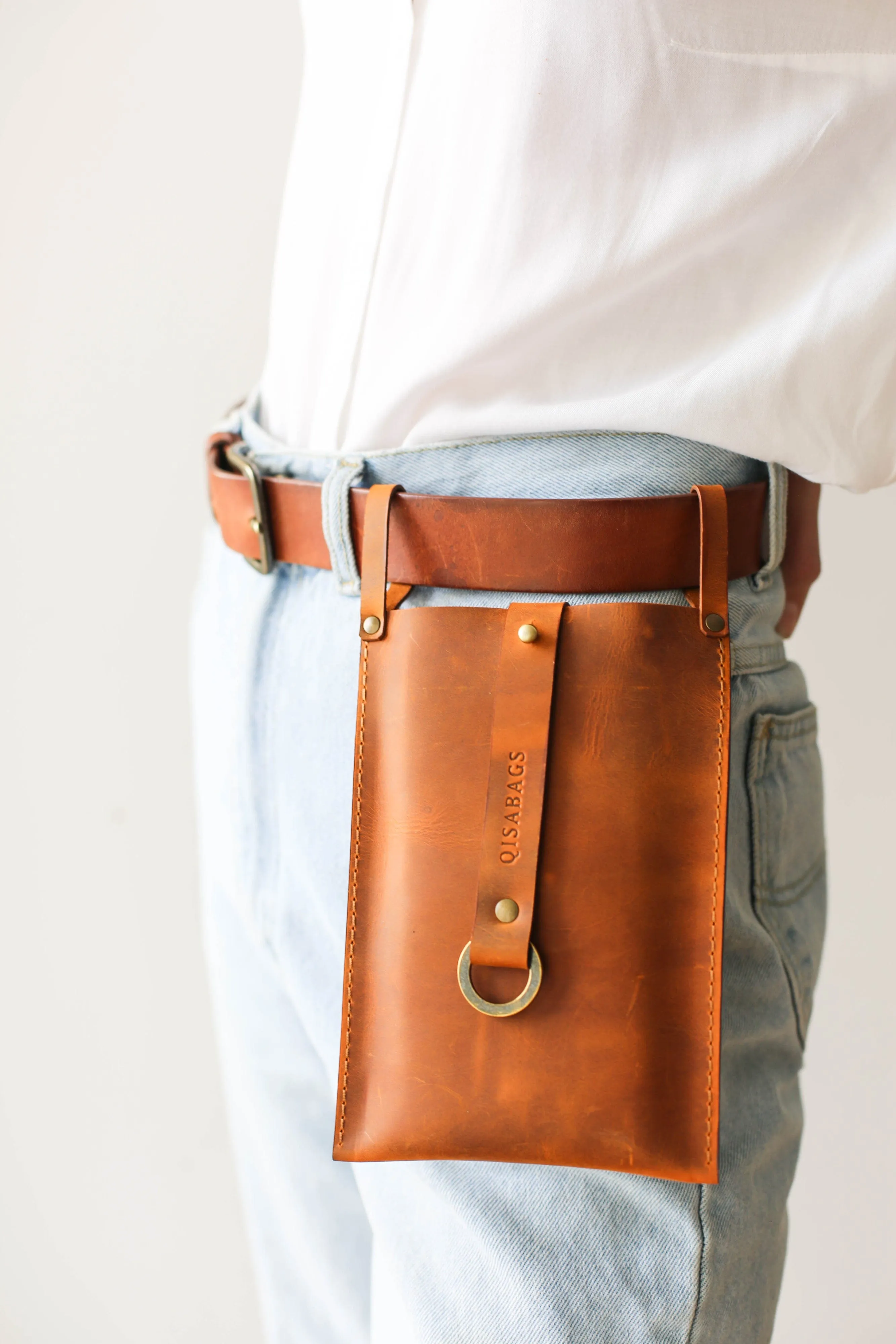 Cognac Brown Leather Phone Bag