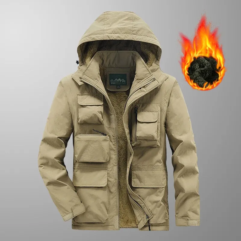 Cotton Fleece Jacket Warm Solid Color Coats Male Fashion Casual Multi-pockets Lapel Outerwear Parkas JacketMen Winter Thick