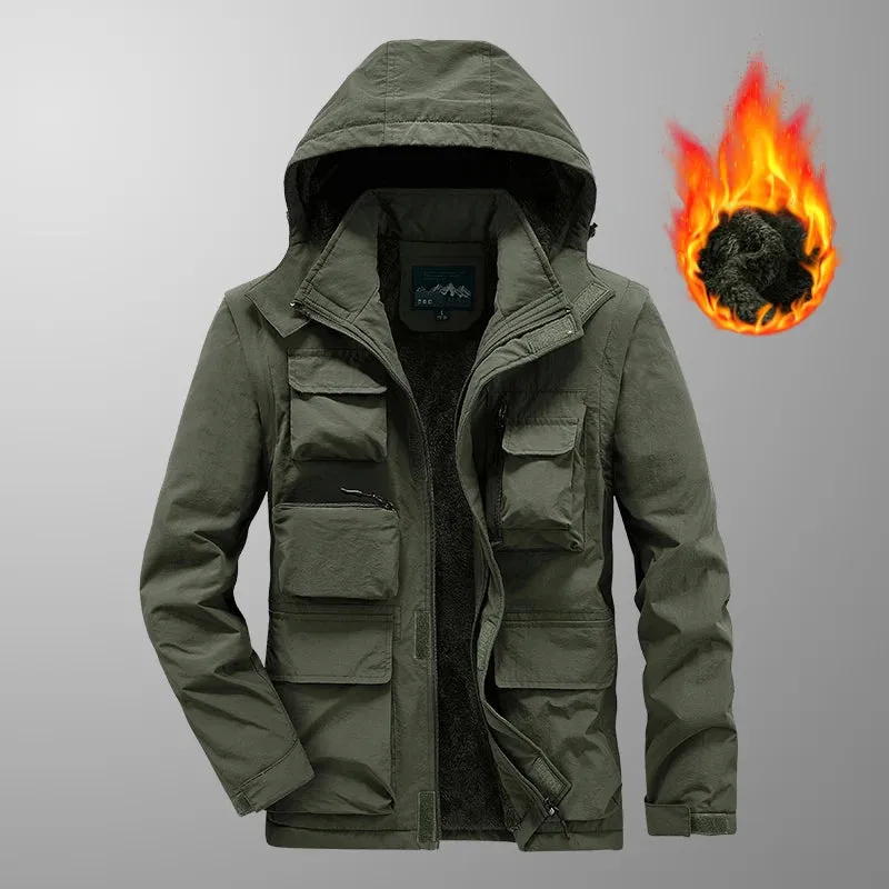 Cotton Fleece Jacket Warm Solid Color Coats Male Fashion Casual Multi-pockets Lapel Outerwear Parkas JacketMen Winter Thick