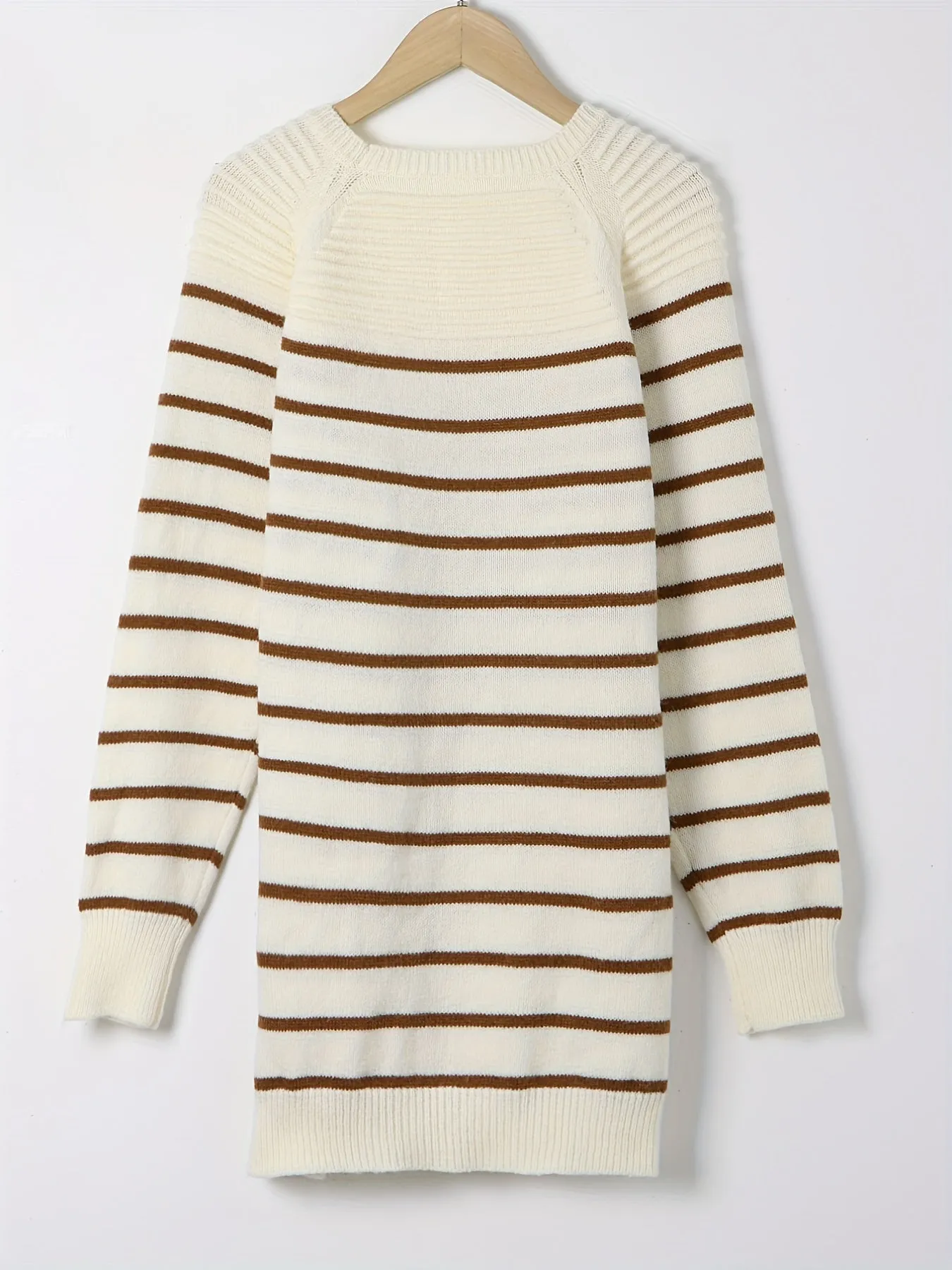 Cozy Striped Crew Neck Sweater Dress - Soft, Long Sleeve, Casual, Comfortable, Relaxed Fit - Womens Simple Everyday Wear, Autumn and Winter Essentials