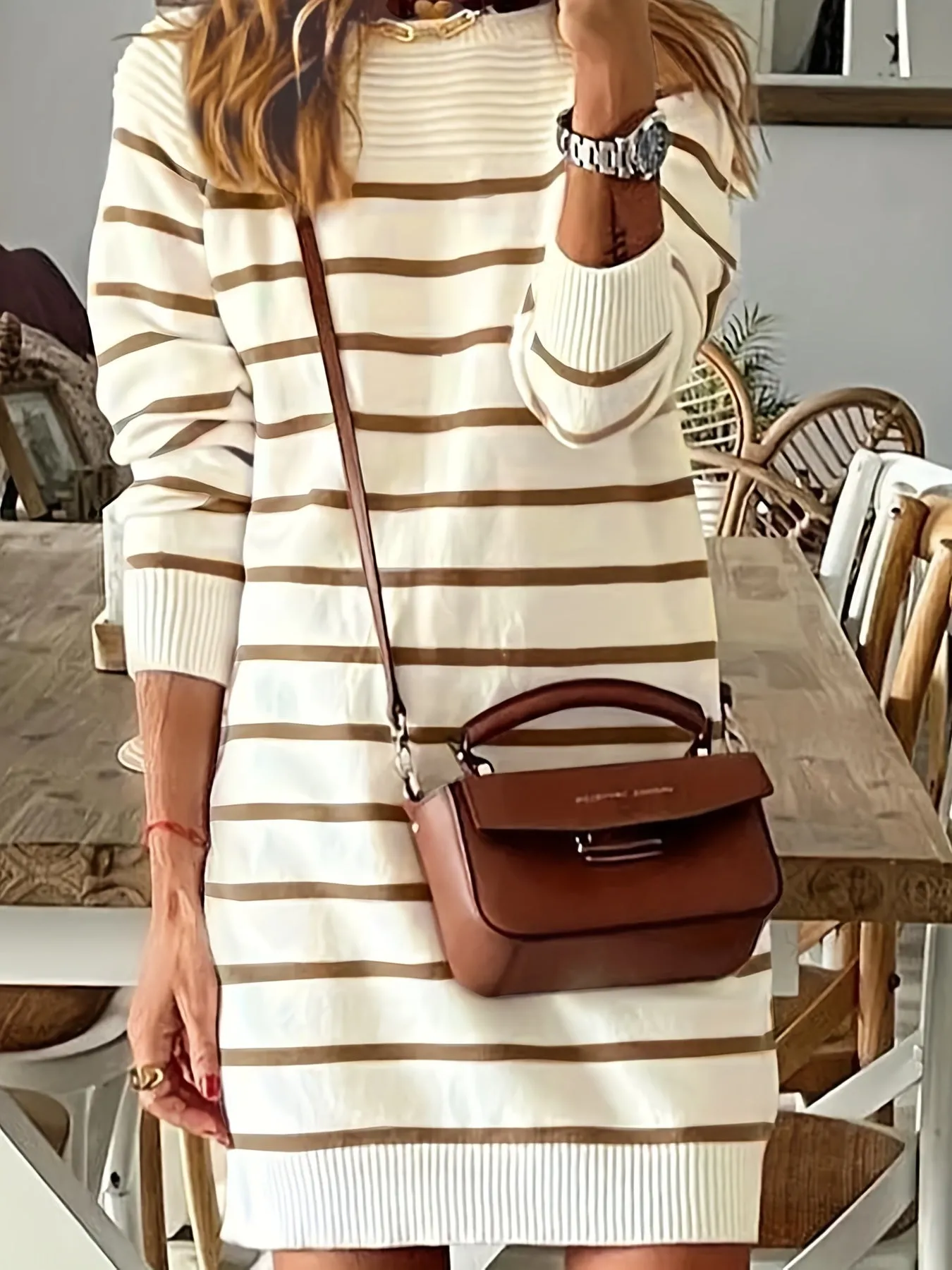 Cozy Striped Crew Neck Sweater Dress - Soft, Long Sleeve, Casual, Comfortable, Relaxed Fit - Womens Simple Everyday Wear, Autumn and Winter Essentials