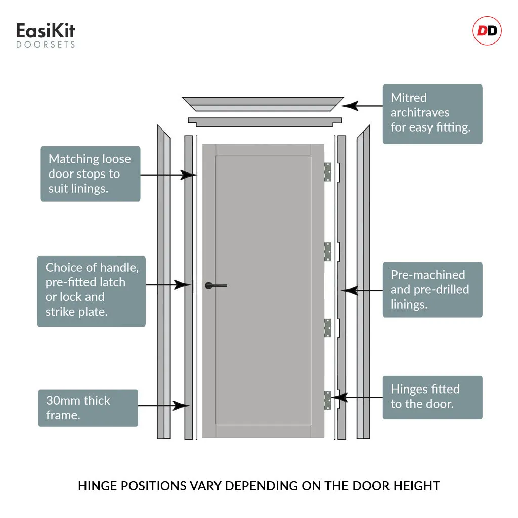 EasiKit Internal Door and Frame Kit - Baltimore 1 Panel Solid Wood Internal Door - Premium Primed - Colour Options