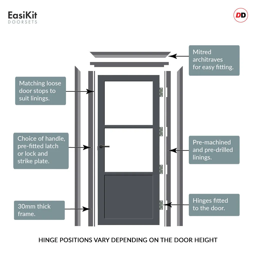 EasiKit Internal Door and Frame Kit - Berkley 2 Pane 1 Panel Solid Wood Internal Door - Premium Primed - Colour & Glass Options