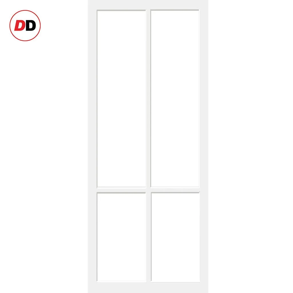 EasiKit Internal Door and Frame Kit - Bronx 4 Pane Solid Wood Internal Door - Premium Primed - Colour & Glass Options