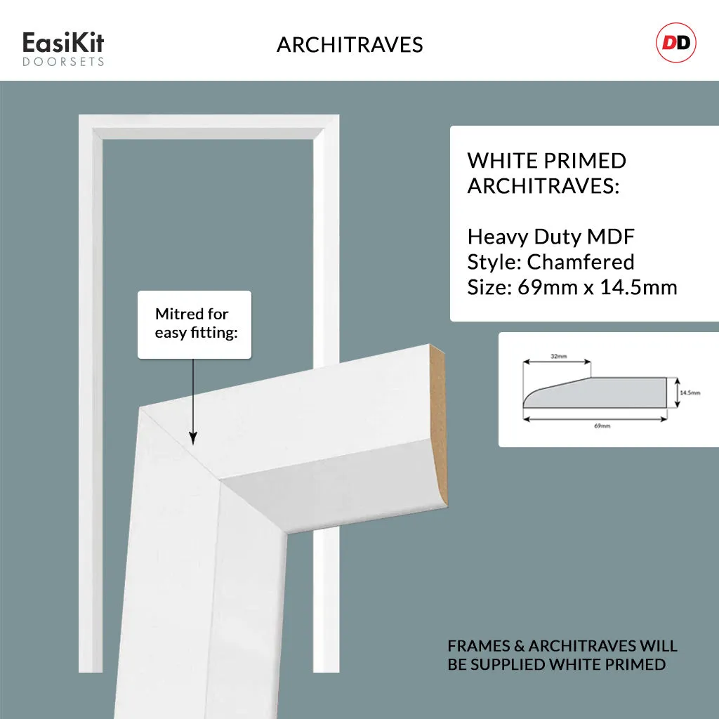 EasiKit Internal Door and Frame Kit - Bronx 4 Pane Solid Wood Internal Door - Premium Primed - Colour & Glass Options