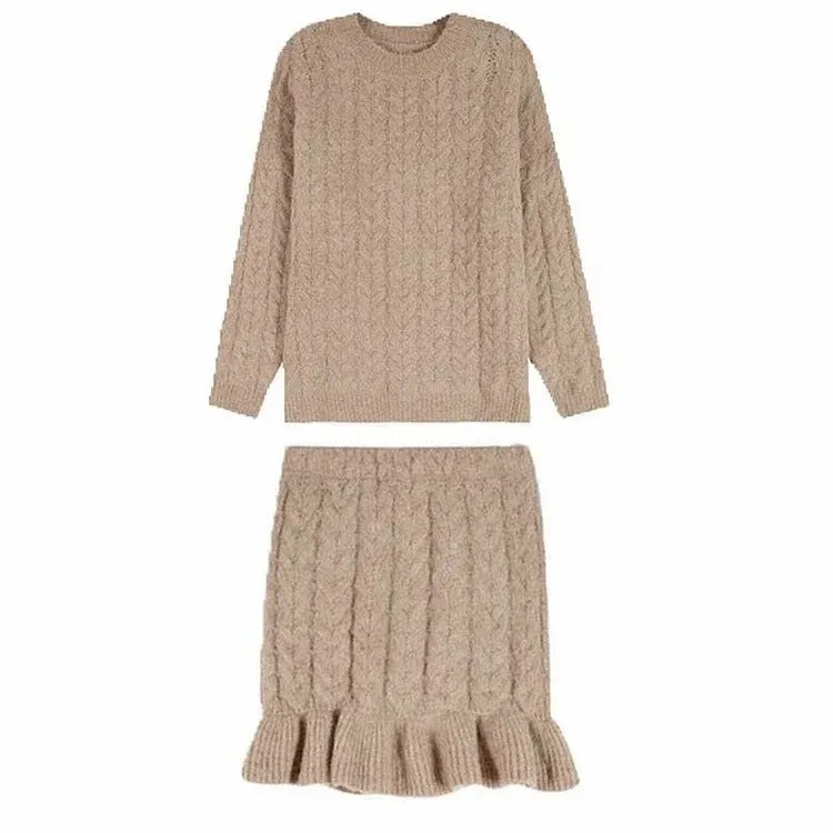 Elegantly Preppy: Pure Color Cable Knit Sweater and Flouncing Skirt Set