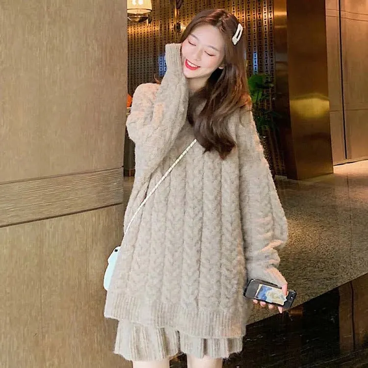 Elegantly Preppy: Pure Color Cable Knit Sweater and Flouncing Skirt Set