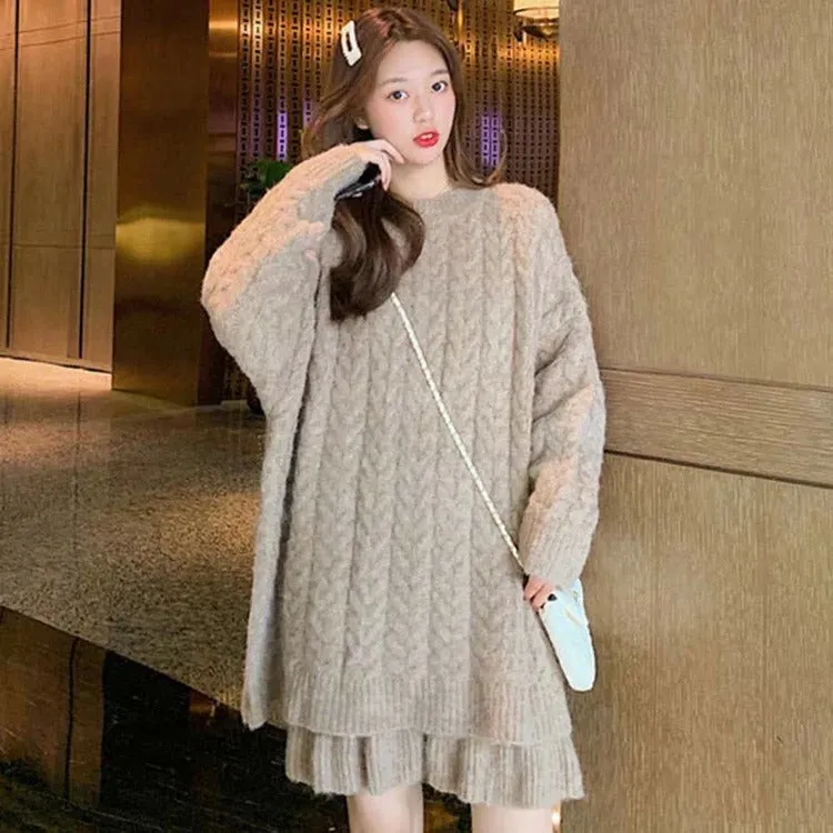 Elegantly Preppy: Pure Color Cable Knit Sweater and Flouncing Skirt Set