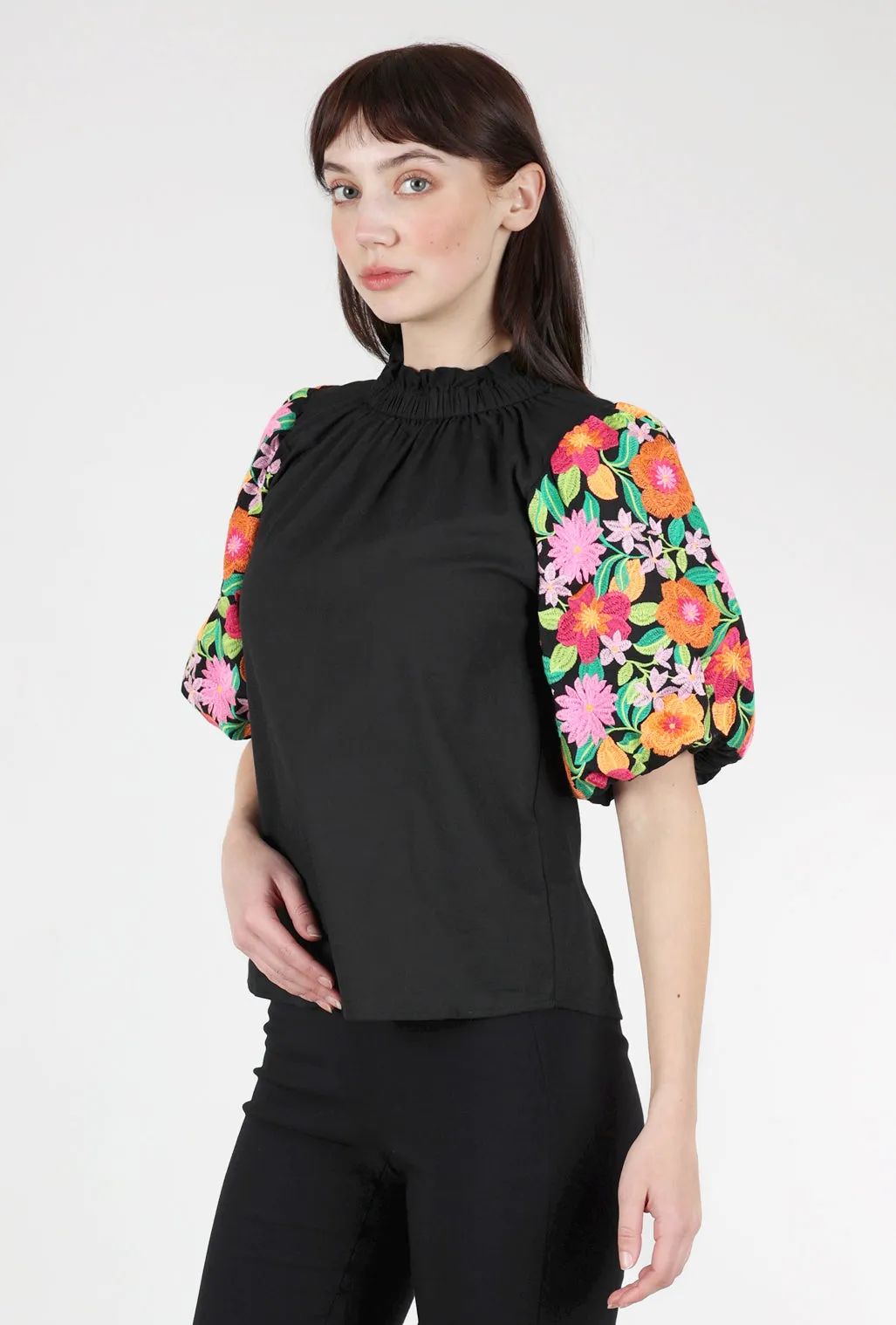 Embroidered Puff-Sleeve Top, Black