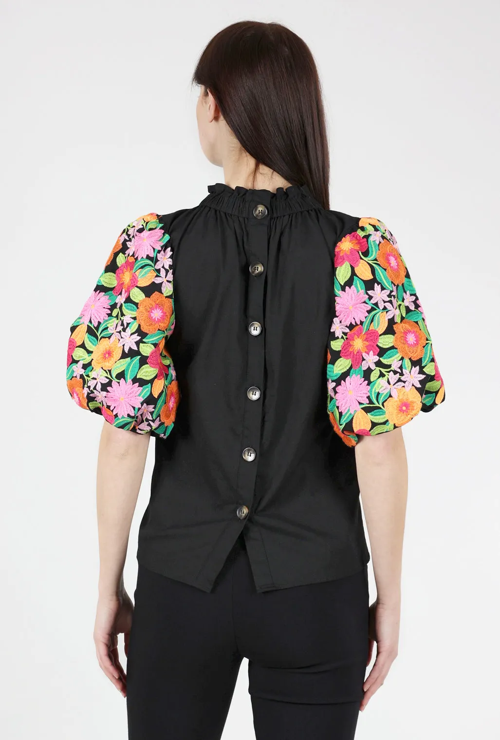 Embroidered Puff-Sleeve Top, Black