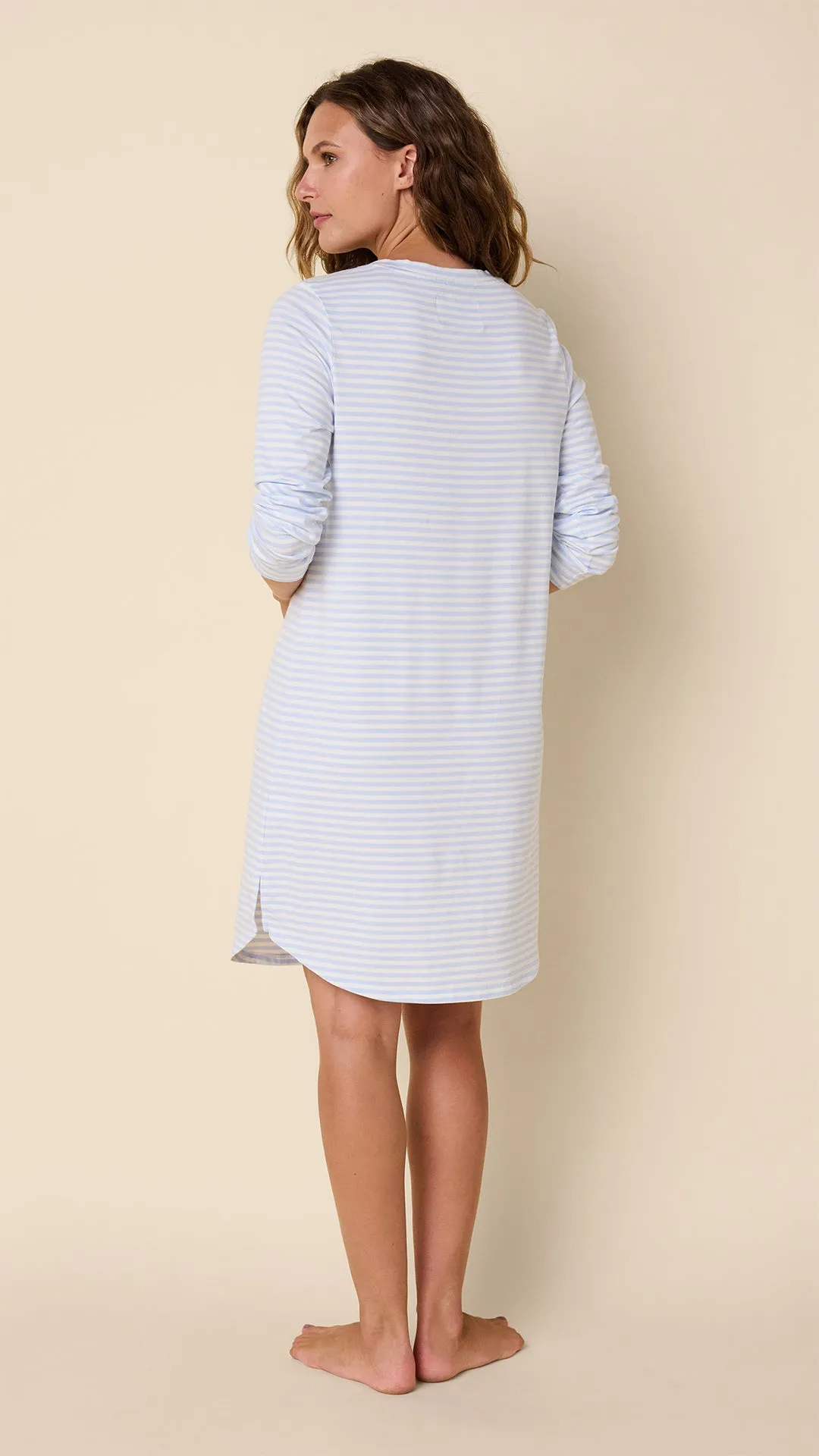 Essential Stripe Pima Knit Long-Sleeve Sleep Shirt - Heavenly Blue